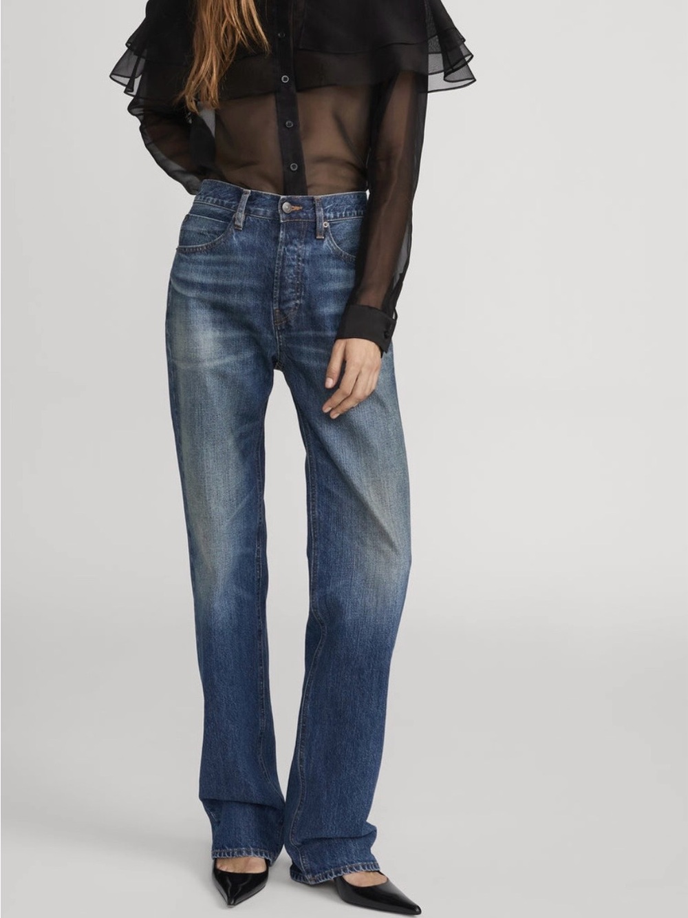 FRAME 23 (26) The Stack Straight Leg Jeans, Cosmos Distressed Dark Blue